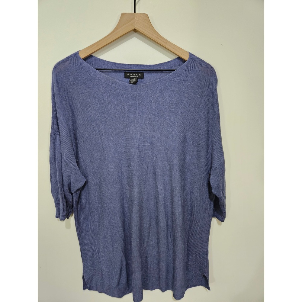 Grace The Perfect Fit Blue Linen Blend Knit Sweater Top Large Drop Shoulder L